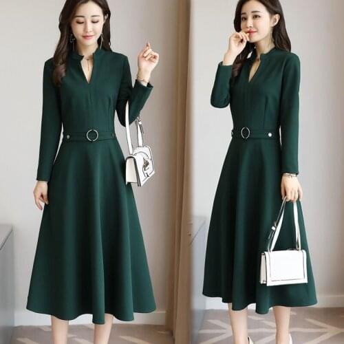 Spring Autumn New Style V-Neck Solid Color Female Korean Slim Elegant Black Slim Mid-Length Long-Sleeved Cocktail Dresses
