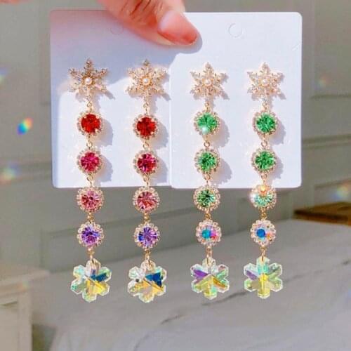 MENGJIQIAO Delicate Micro Paved Zircon Snowflake Drop Earrings For Women Fashion Colorful Crystal Christmas Pendientes Jewelry