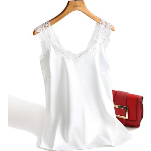 Women Basic Plus Size Camisole Lace Strap Silk Top Women Sexy V Neck Sleeveless Whitevest Satin Elasticity Mesh Silk Tank Tops