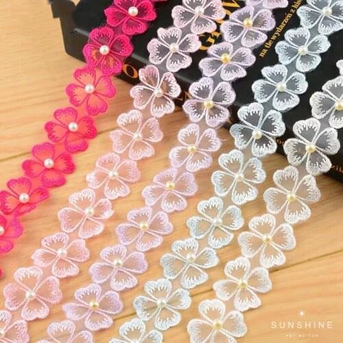 1 yards 3cm Four-leaf Clover Pattern Lace Embroidered Pearl Decor Organza Satin Ribbons DIY Gift Packaging Sewing Materials