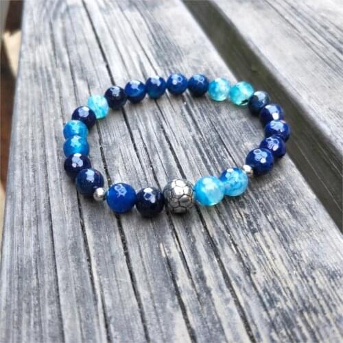 Ailatu Stainless Steel Soccer Football Bracelet Natural 8 mm Natural Faceted Onyx Stone Beads Burning Summer Jewelry