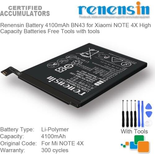 Renensin Battery 4100mAh BN43 for Xiaomi NOTE 4X High Capacity Batteries Free Tools with tools