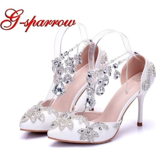 White Pointed Toe Wedding Formal Dress Shoes with Silver Rhinestone Ankle Straps Stiletto High Heels Performance Dancing Shoes