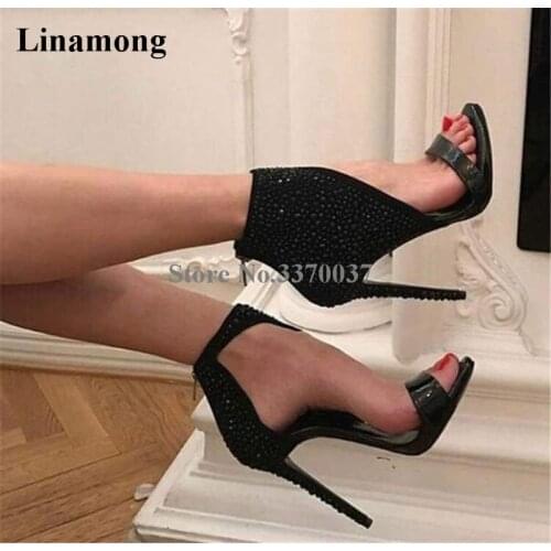 Women Fashion Luxury Bling Bling Black Rhinestone Ankle Wrap Gladiator Boots Thin Heel Crystal High Heel Sandals Dress Shoes