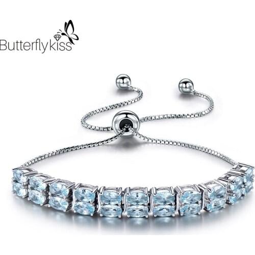 BK Sky Blue Topaz Adjustable Bracelet For Women Girl Real 925 Sterling Silver Multiple Gems Bracelets Jewelry Gift To Girlfriend