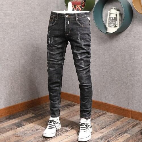 European American Street Fashion Men Jeans Retro Black Gray Slim Fit Ripped Jeans Men Distressed Vintage Designer Denim Pants