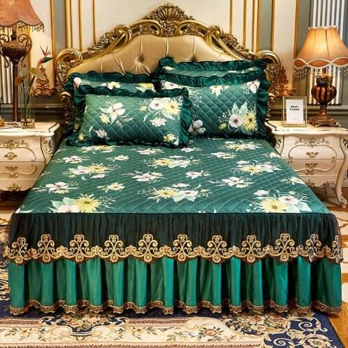 Europe Sanding Printed Lace Bedspreads for Double Bed Quilted Cotton Bed Cover Full King Bedskirt Pillow Cases Fitted Sheets