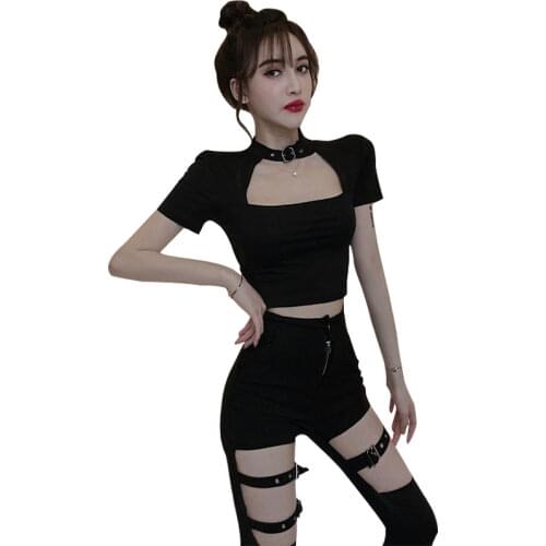 Women Summer Fashion Two Piece Outfits Short Sleeve Halter Choker T-Shirt&Buckled Skinny Pants Sets Hollow Out Chic Black Suits