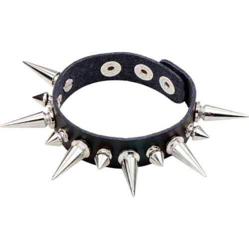 2019 New fashion Gothic Delicate Cuspidal Spikes Rivet Cone Stud Cuff Black Leather bracelets & bangles Punk Bracelet for women