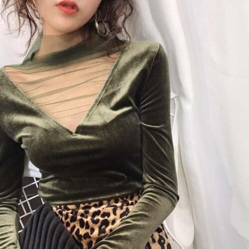2019 New Arrival Women Mesh Tshirts Sexy Stitching V Neck T Shirt Long Sleeve T-Shirt Fashion Top Dropshipping