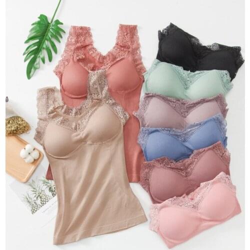 Linbaiway 2021 Autumn Lace Chest Pad Vest Camisole for Women Push Up Underwear Tank Top Sexy V Neck Female Sleeping Cami Tanks