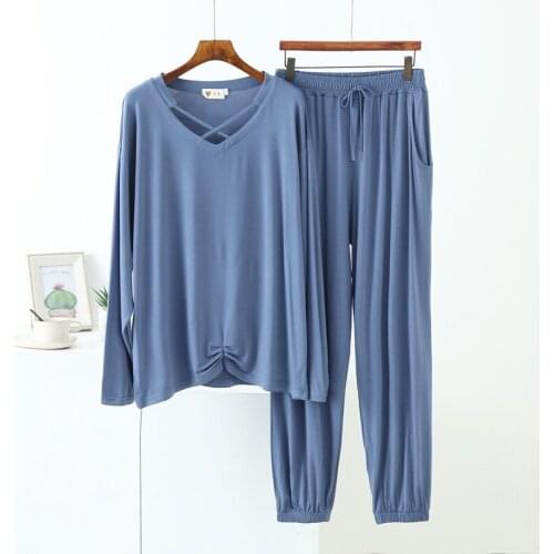 Spring Summer Pyama Woman Set New Sexy V Neck Long Sleeve Trousers Two Piece Suit Loose Homewear Lady Pajamas 2021 Pijama Mujer