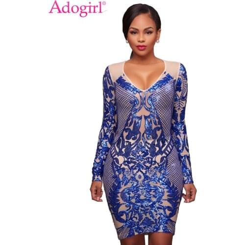 Adogirl Plaid Sequins Long Sleeve Bodycon Party Dress Sexy Deep V Neck Sheath Bandage Mini Dresses Night Club Bar Stage Costumes