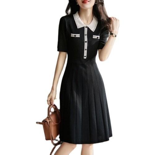 Casual dress contrast color lapel youthful hyperbolic yarn knitted dress 2021 summer fashion womens clothing