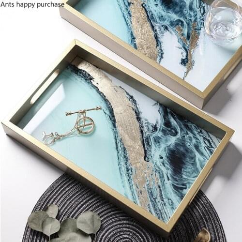 Nordic Style Gold Leaf Rectangular Storage Tray Home Display Decorative Plate Wooden Tea Tray Desktop Green Finishing Plate