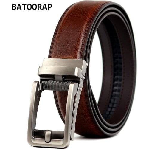 Mens Leather Belts Brown Cowhide High Quality Business Ratchet Belt Metal Automatic Buckle Waist Strap Male Formal Style ZY-K02