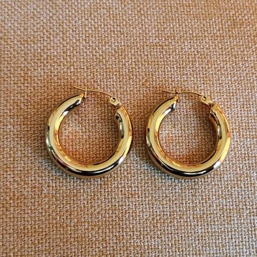 Polishing Gold Color 25mm Hollow Thick Circle Women Hoop Earrings Ear Loop Smooth Ring 316 Stainless Steel Jewelry Anti Allergy
