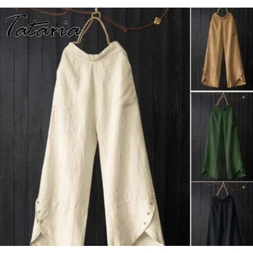 Slacks Cotton Linen Summer Pants Womens Knee-Length Wide Leg Pants White Women High Waisted Soft Girl Trousers for Female 2021