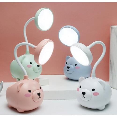 LED Table Lamp Pig USB Recharge Cartoon Night Light Bedroom Bedside Lamp Eye-Protection Flexible Reading Light Cute Pen Holder
