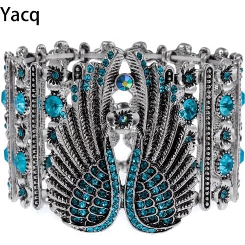 YACQ Guardian Angel Wings Stretch Cuff Bracelet for Women Biker Crystal Punk Jewelry Gift Antique Silver Color Dropshipping D05