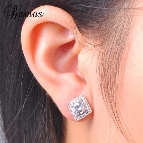 Bamos Women White Round Stud Earring With AAA Zircon Silver Color Double Earrings For Women Fashion Jewelry