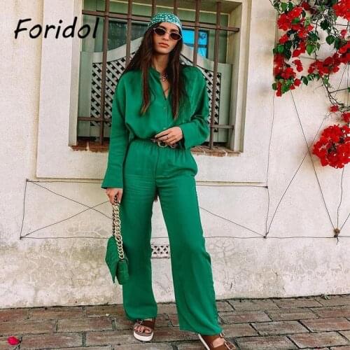 Foridol Single Breasted Green Top Pants Suits Sets Women Spring Autumn Casual Loose Two Pieces Matching Sets 2021 Oversized Set