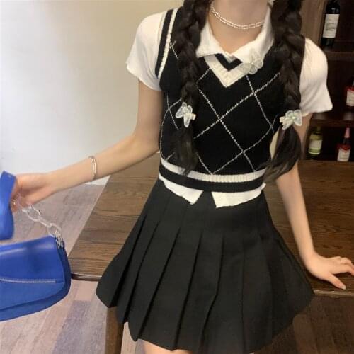 Retro Y2k Argyle Knitted Sweater Vest Womens 2021 Summer Autumn Fashion Solid Plaid Sleeveless Casual Preppy Style Crop Tops