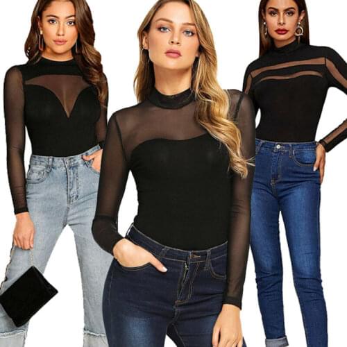 Women High Neck Geometric Mesh Sheer Bodysuit Jumpsuit Ladies Mesh Hollow Long Sleeve Leotard Tops Clubwear