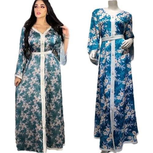 Abaya Floral Printed Ethnic Vintage For Women Muslim Casual V-neck Long Dress Ribbon Moroccan Kaftan Malaysia Ladies Maxi Robe