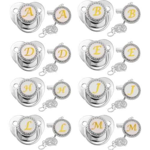 26 Name Initial Letters Silver Baby Pacifier Clips Chain Silicone Infant Nipple Bling Newborn Dummy BPA Free Baby Soother 6-12M