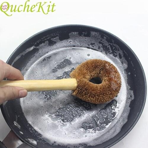 3pcs Wooden Long Handle Pan Pot Brush Coconut Brown Non-stick Oil Pot Brush Dish Brush Hanging Household Kitchen Cleaning Tools