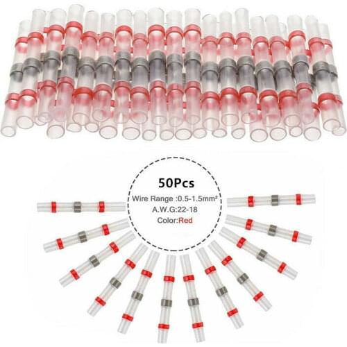 50PCS Heat Shrink Soldering Terminals Insulated Waterproof Butt Wire Connectors Electrical Wire Soldered Sleeve 0.5-1.0mm2