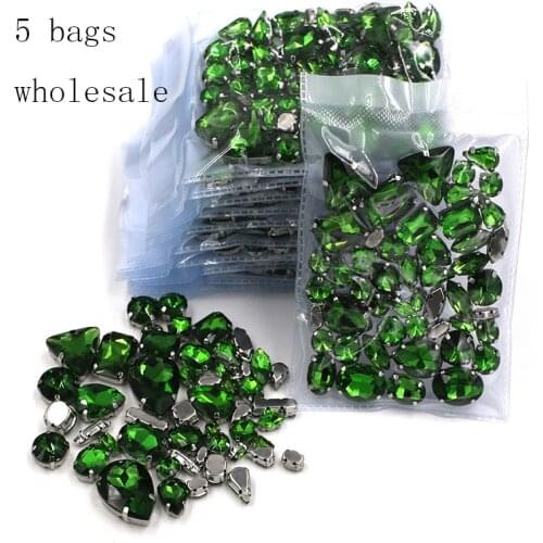 Clothing accessories Wholesale 5 bags mixed shape glass crystal sliver base Grass green sew on rhinestones diy wedding dress