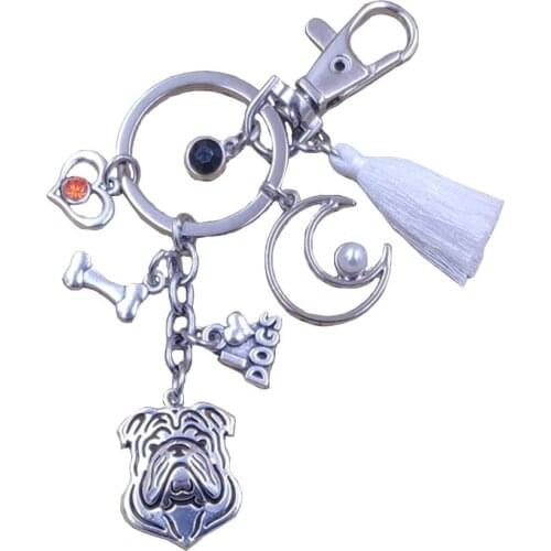 English Bulldog Dog Animal Moon Style Keychain Key Ring Pet Tassels Antique Bohemian Women Men Jewelry Birthday Gift K018-019