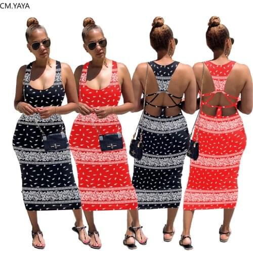 CM.YAYA women bandana print sleeveless open back sleeveless tank bodycon midi maxi long dress night club party pencil dresses