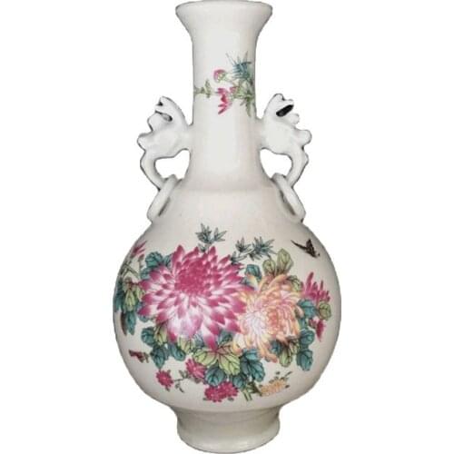 Chinese old porcelain Pastel Chrysanthemum Picture Binaural vase