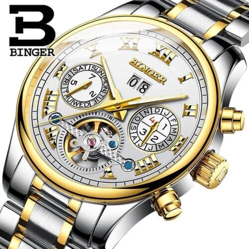 Switzerland BINGER Tourbillon Mens Watches Top Brand Luxury Automatic Mechanical Watch Full Steel Waterproof relogio masculino
