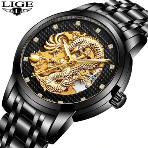 LIGE Luxury Dragon Automatic Mechanical Wristwatches Fashion Mens Watch Man Stainless Steel Waterproof Clock Relogio Masculino