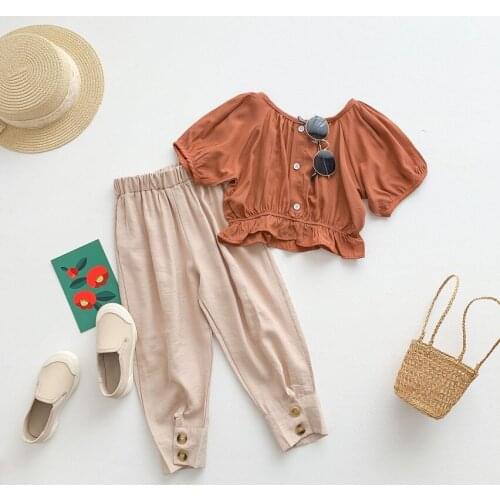 2021 1-8Y Korea Style Kids Baby Girl Clothing Fashion Solid Color Button Loose T-shirt+Beam Feet Long Pants Summer Holiday 2pcs