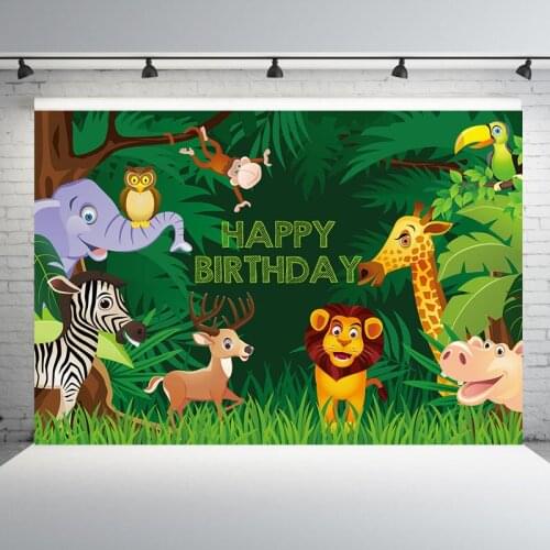 Jungle Safari Party Photo Background for Photography Cartoon Animal Green Forest Leaves Baby Birthday Party Photocall Background