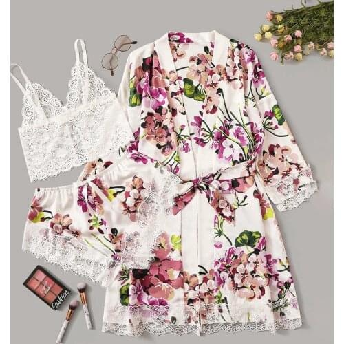 Robe Sets Women Cozy Satin Silk Pajamas Robe Lace Sexy Lingerie Camis Shorts Flower Print Pajama Set Summer Breathable Sleepwear