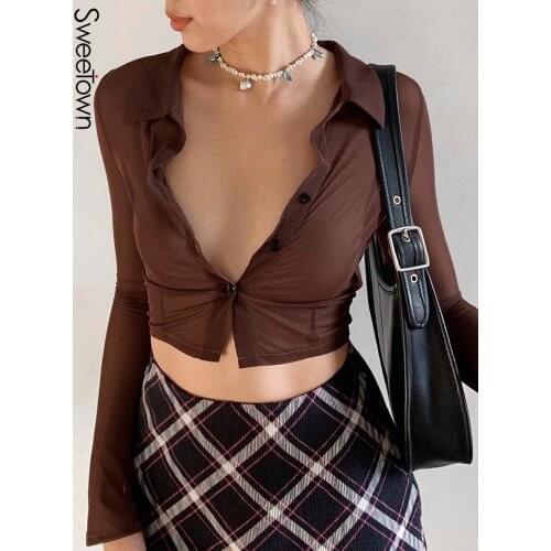 Sweetown Brown Vintage Mesh Tops Women Button Up Long Sleeve Cropped Tee Shirt See Through Sexy Rave E Girl T-Shirts Autumn