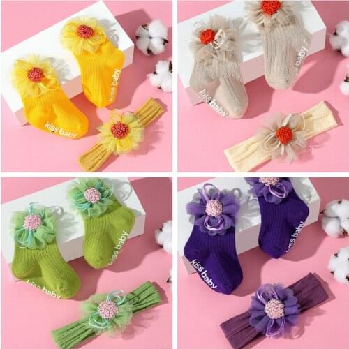 Lovely Handmade Flowers Elastic Hairband and Medium Socks Set Infant Comfortable Breathable Knitted Cotton Sock Baby Accessories