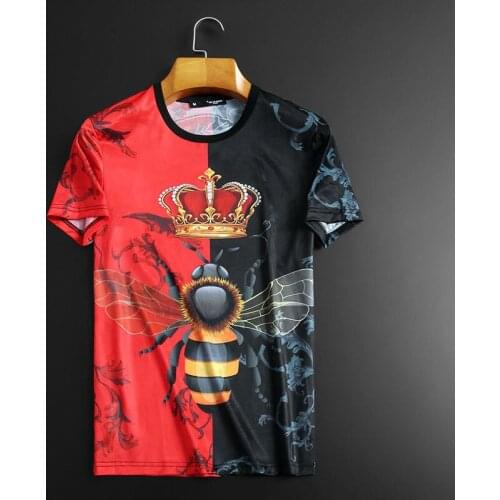2021 Summer New Trend Bee Print Short Sleeve T-shirt Men Black Red Contrast Stitching Funny T Shirts Streetwear Tee Shirt Homme