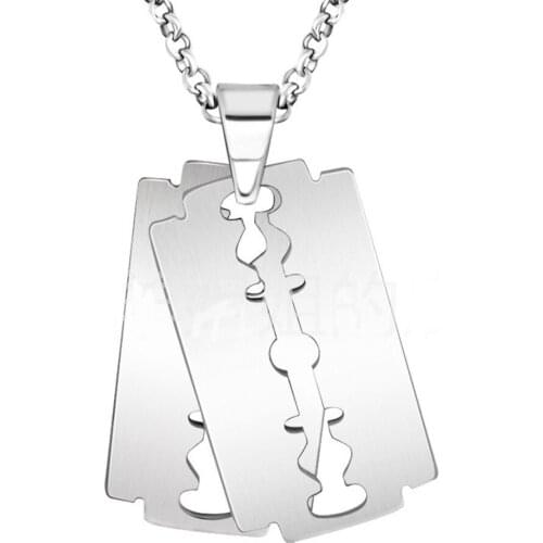 Cool Stainless Steel Razor Blades Pendant Necklaces Men Jewelry Steel Male Shaver Shape Necklaces & Pendants Free Chain