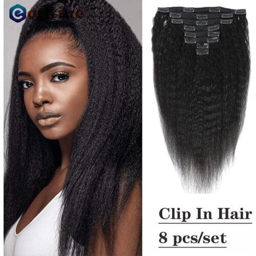 Natural Hair Extensions Kinky Straight Hair Clip In Human Hair Extensions 8-24 Inches Natural Color 8 Pieces/Set Full Head Sets