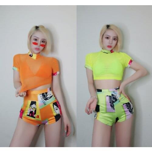 New Pole Dance Clothing Black/Orange/Neon Green/Yellow Short Sleeve Suit Jazz Dance Mesh Tops Print Shorts Rave Outfit DQL3953