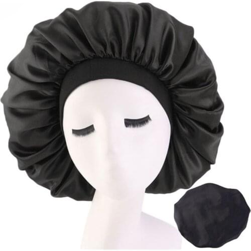 New Women Big Size Beauty print Satin Silk Bonnet Sleep Night Cap Head Cover Bonnet Hat for For Curly Springy Hair Black