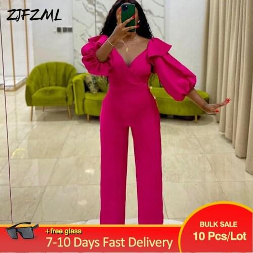 Bulk Items Wholesale Lots Womens Long Jumpsuit Concise Cleavage Puff Sleeve Straight Romper Autumn Solid Mujer Formal Outfit
