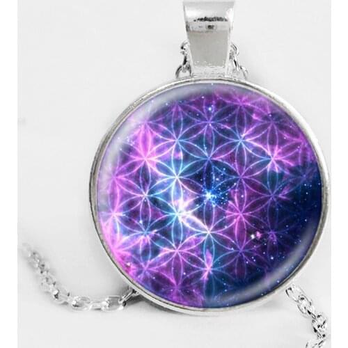Wholesale Picture Necklace Purple Flower of Life Pendant Chakra Necklace Sacred Geometry Jewelry Art Glass Cabochon Necklace